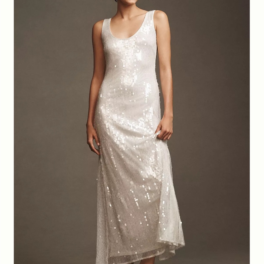 Anthropologie White Sequin Asymmetrical Gown